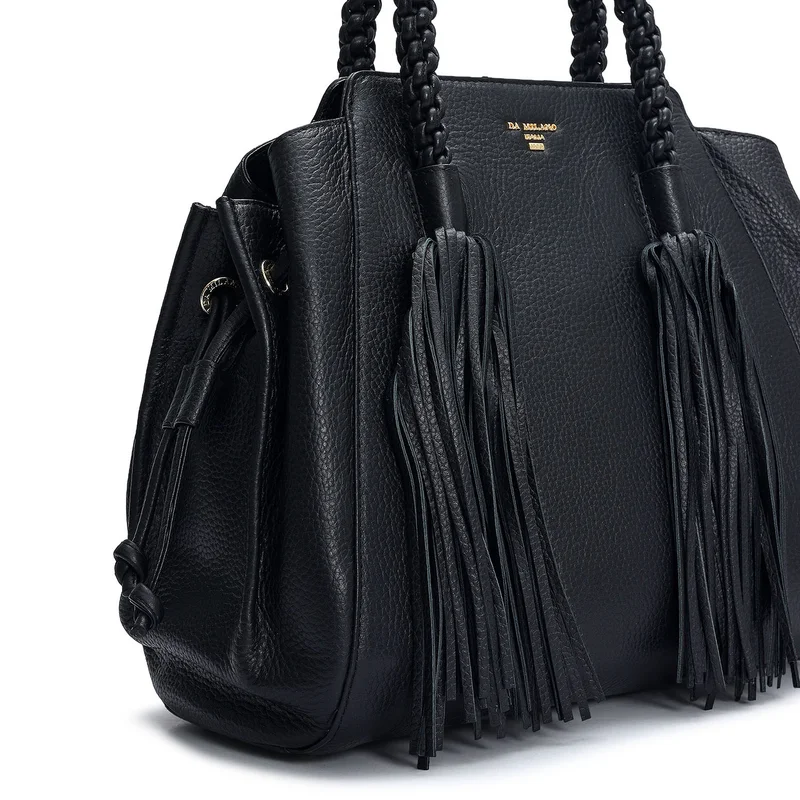 Da Milano Black Medium Wax Leather Satchel - Black for Women | Best Price UAE
